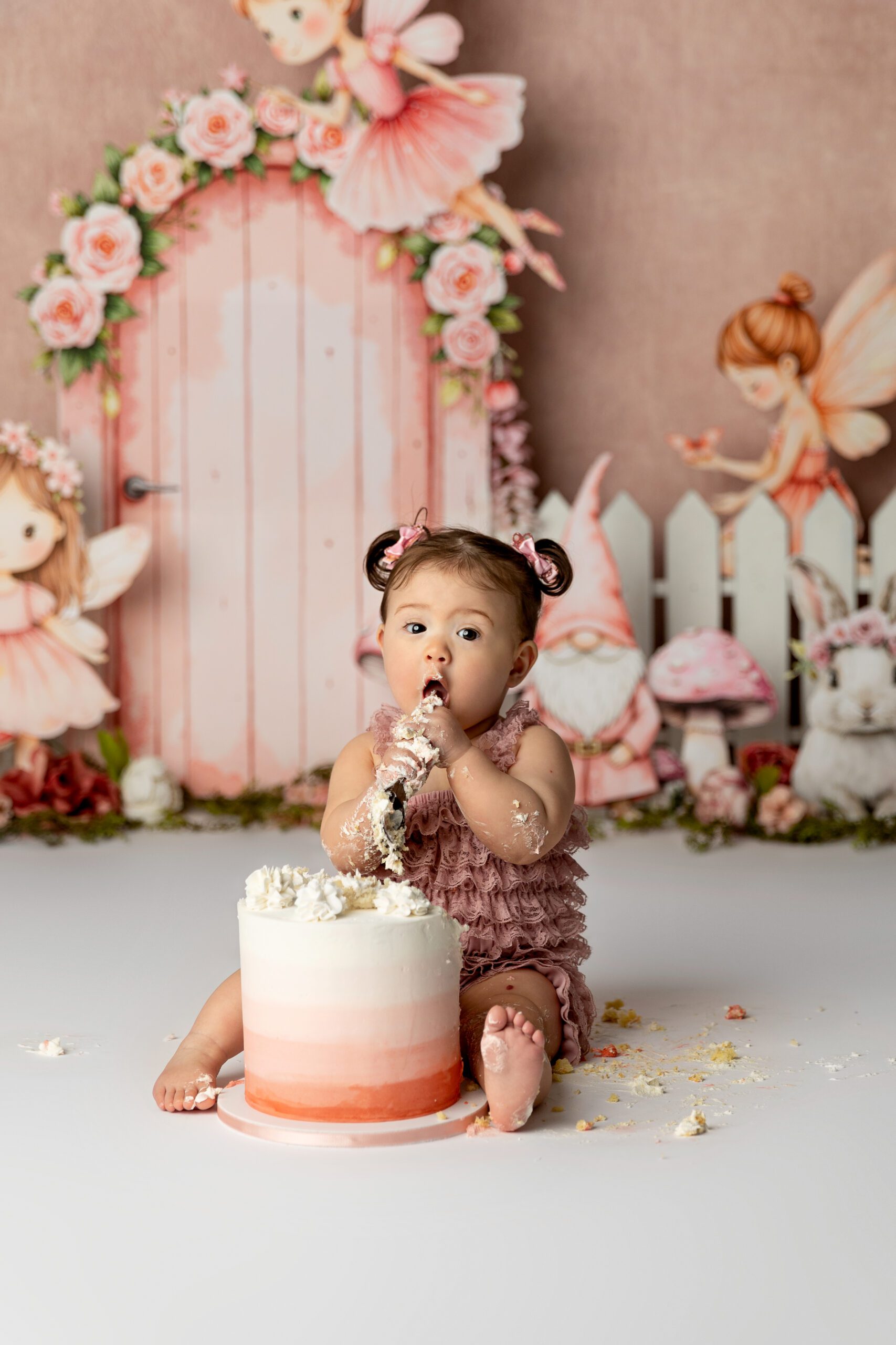 Baby girl one year old cake smash with fairy theme in the Yreka CA studio of Chelsea Valene Photography